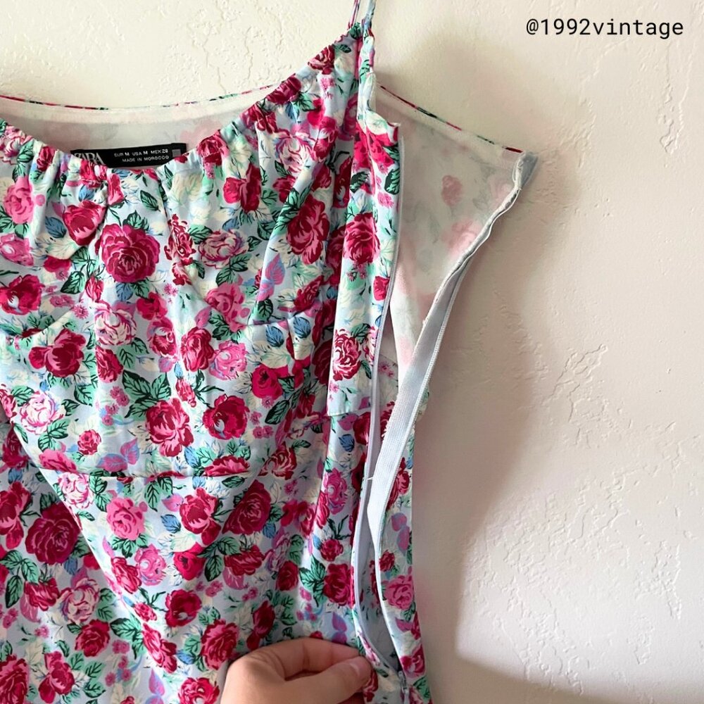 ZARA Floral Print Slip Dress Pink Blue Satin  | Size M - Picture 8 of 10